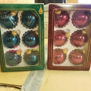 Vintage Krebs Christmas Glass Ornaments Gold Crowns Blue & Wine - Lot of 2 Boxes